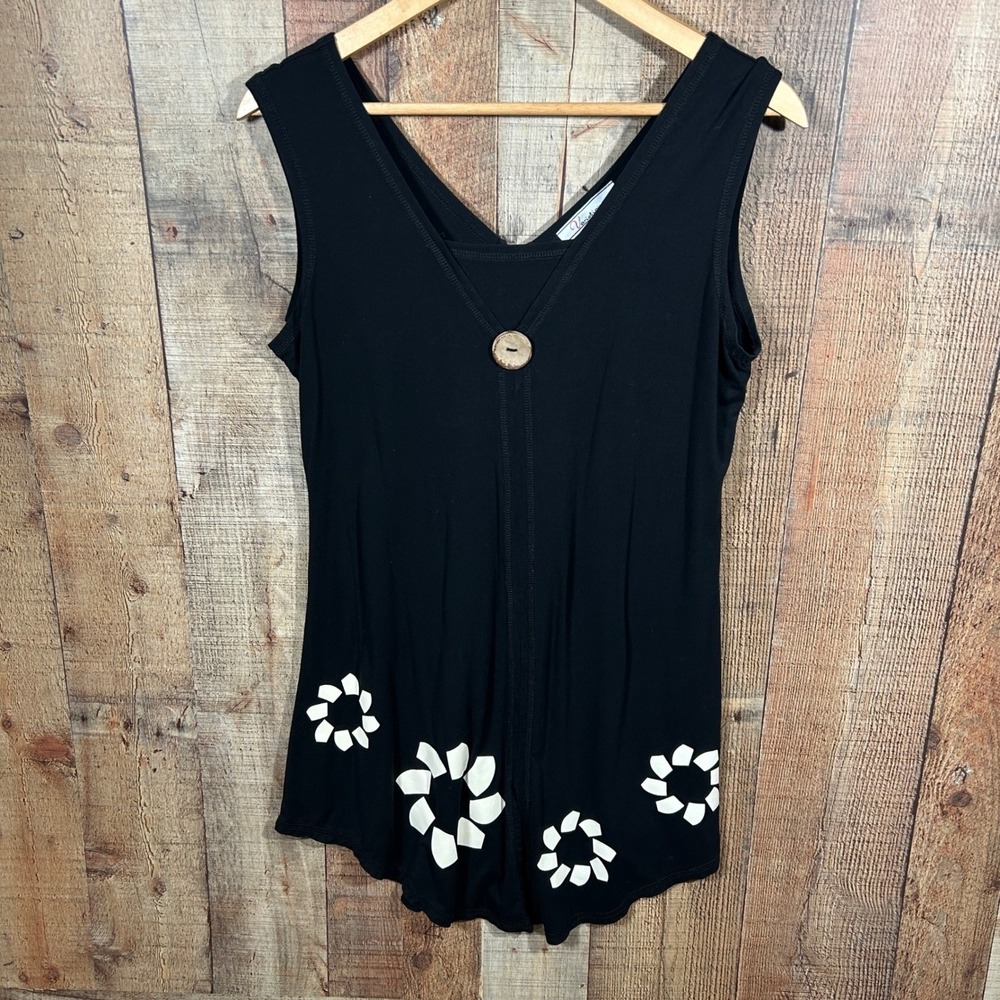 Variations Black Tunic Swim Cover Up Wood Button Floral Flowy Medium